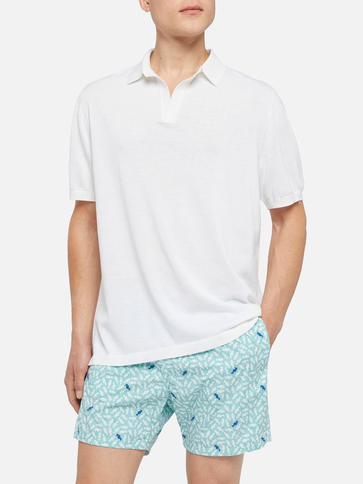 Sloan white silk cotton knitted polo shirt