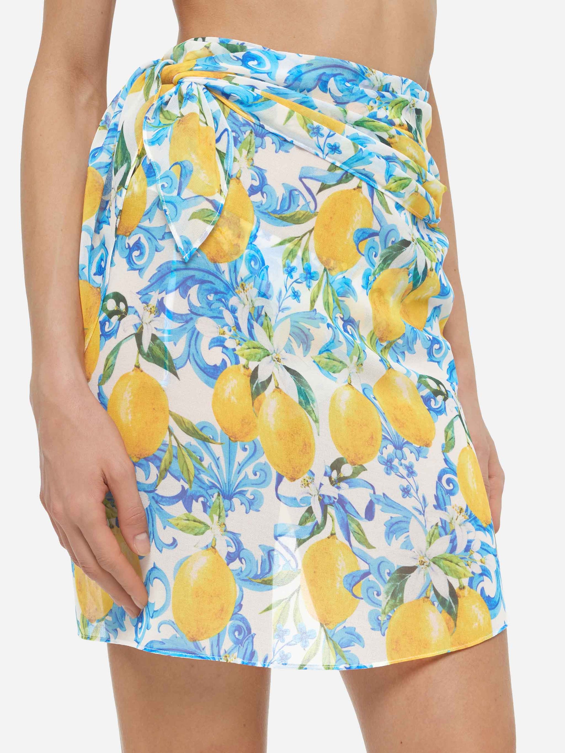 Sery short brown georgette pareo with majolica print - MC2 Saint Barth