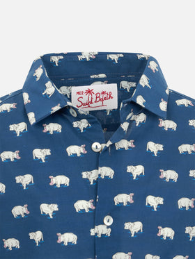 Blue Boy muslin cotton shirt Sharouk with micro hippo print - MC2 Saint Barth