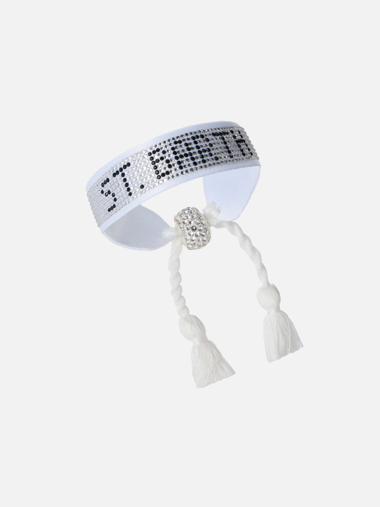 Bracelet en tissu blanc avec lettrage St. Barth en perles