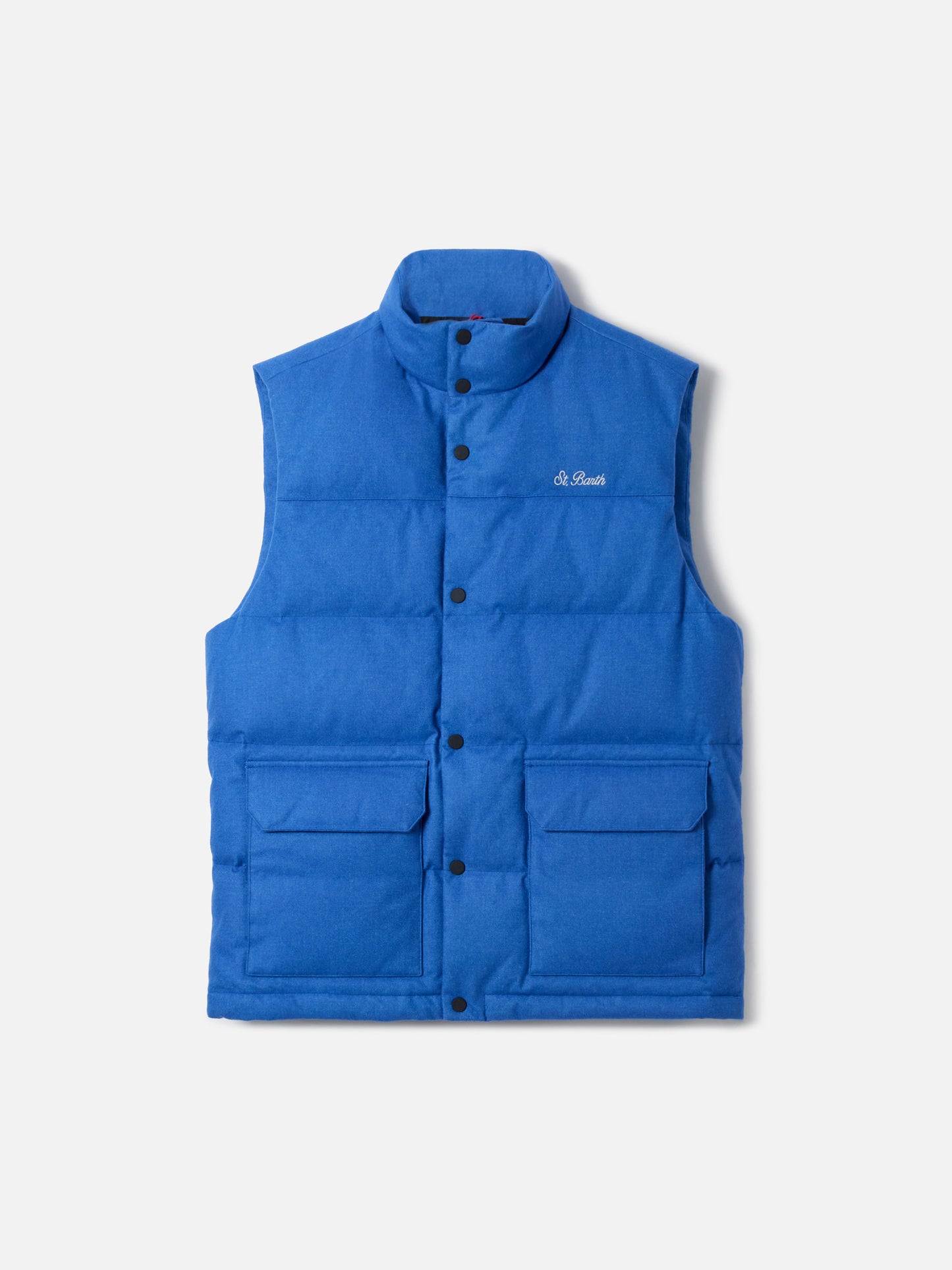 Gilet da uomo imbottito in piuma di lana bluette con tasche