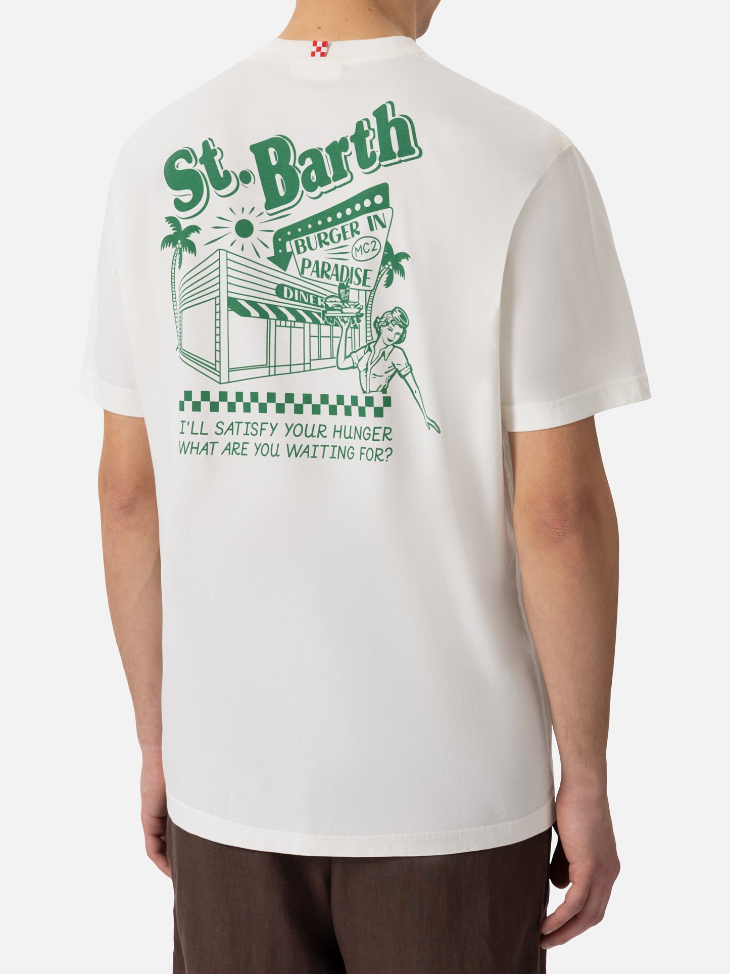 Cremefarbenes Baumwoll-T-Shirt mit St. Barth Burger Paradise-Print