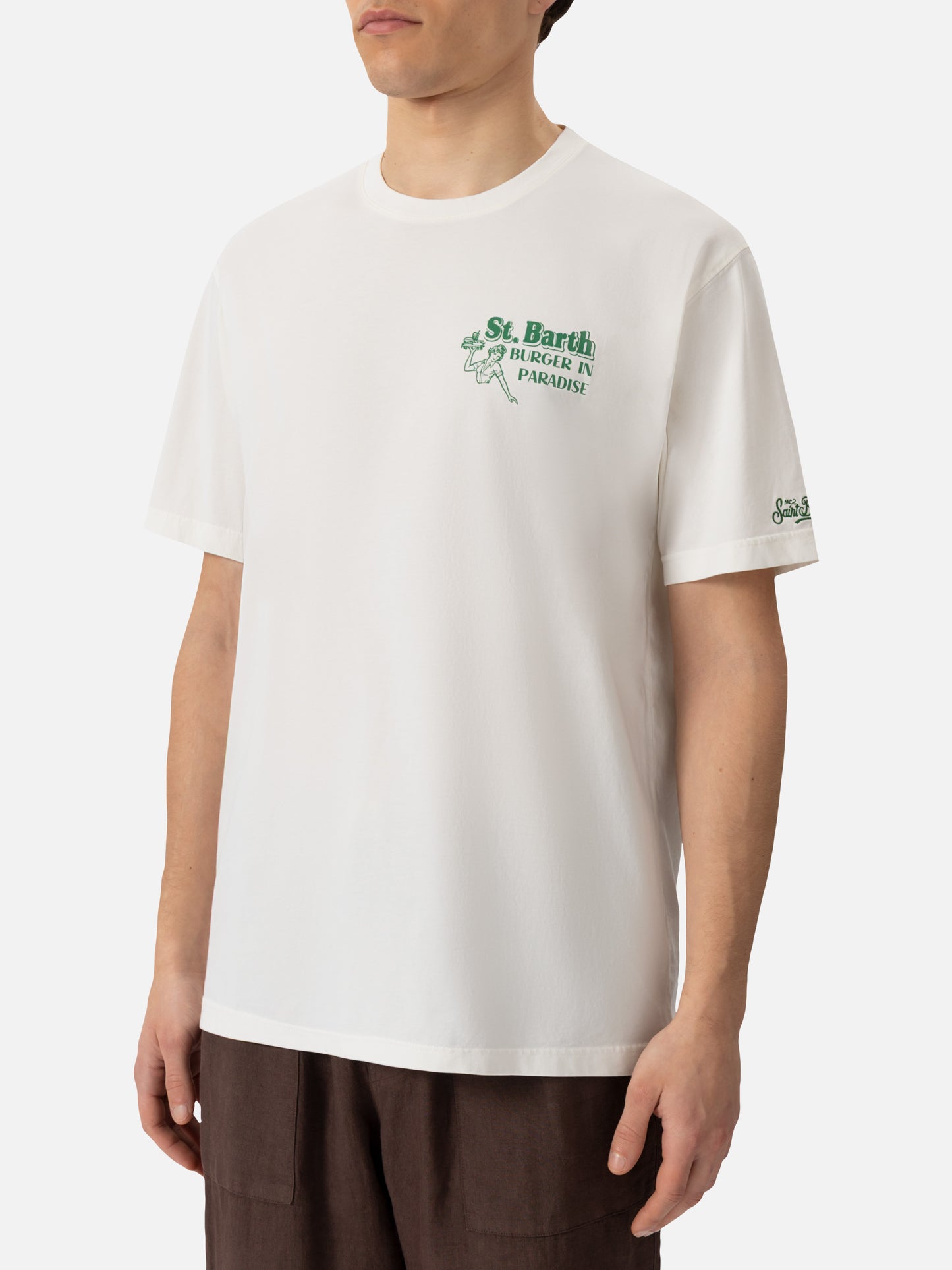 Cremefarbenes Baumwoll-T-Shirt mit St. Barth Burger Paradise-Print