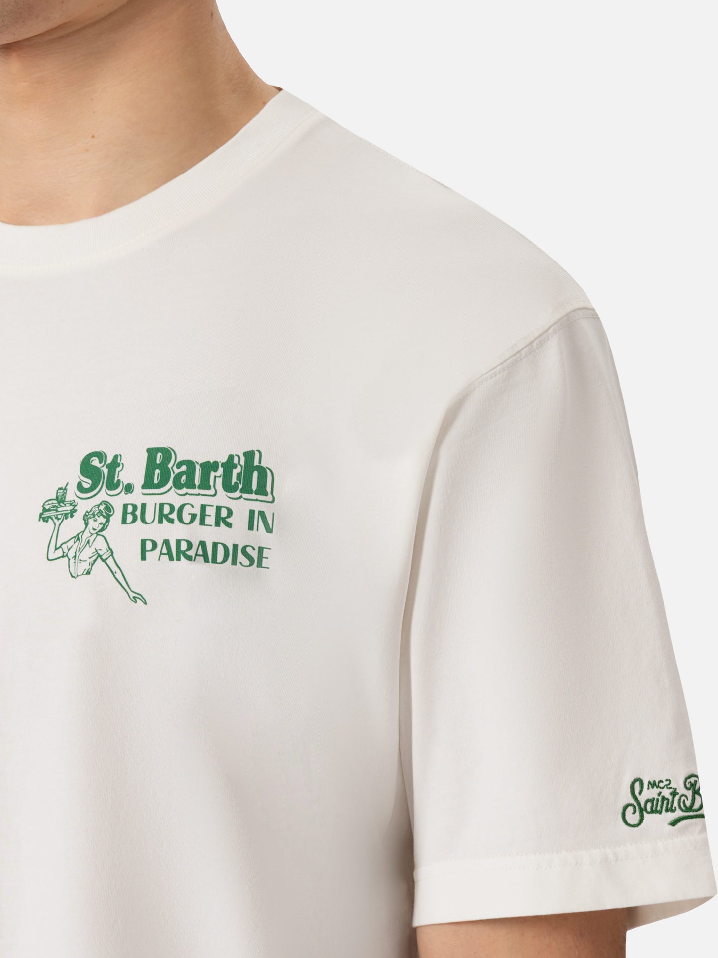 Cremefarbenes Baumwoll-T-Shirt mit St. Barth Burger Paradise-Print
