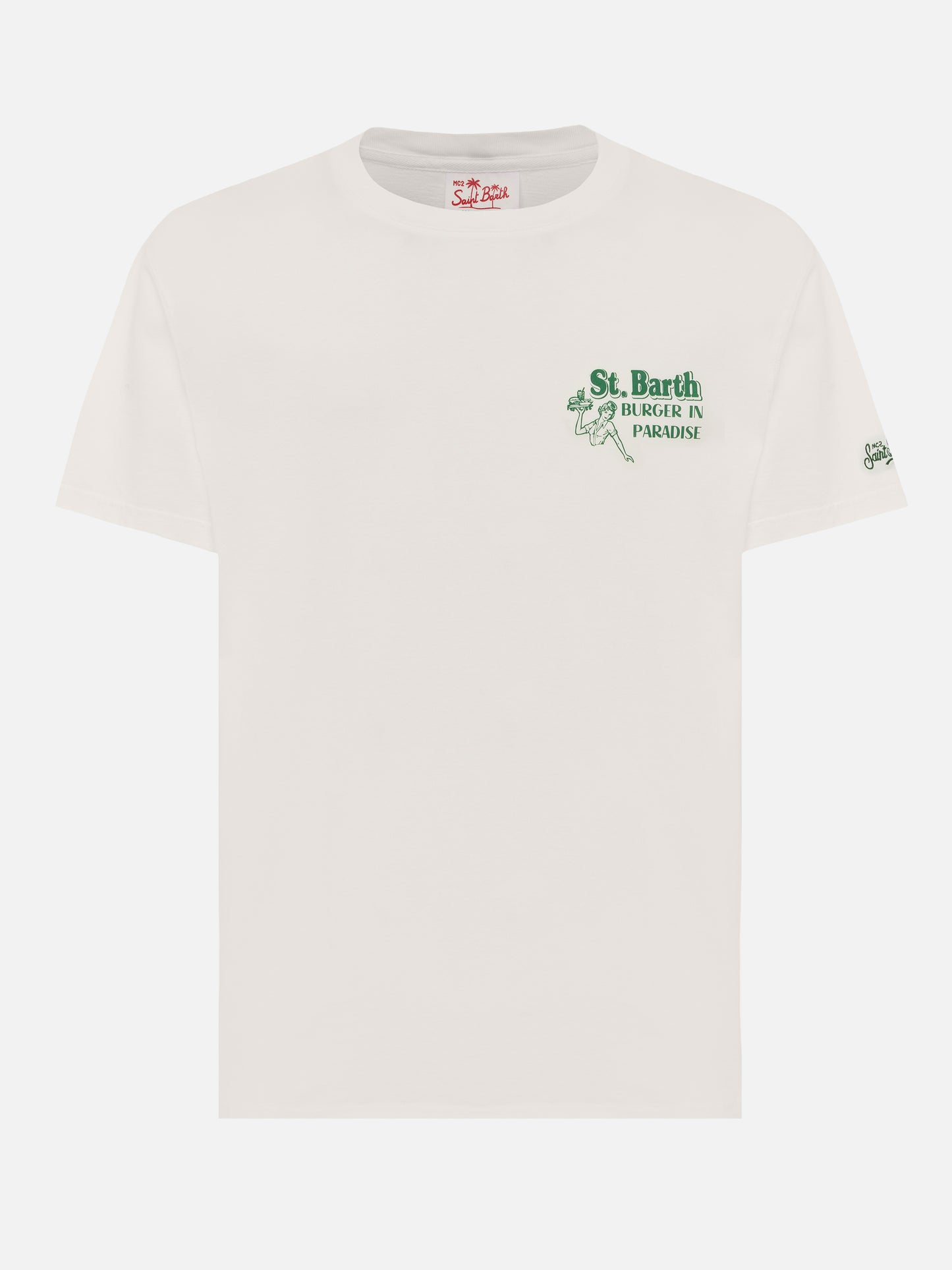 Cremefarbenes Baumwoll-T-Shirt mit St. Barth Burger Paradise-Print