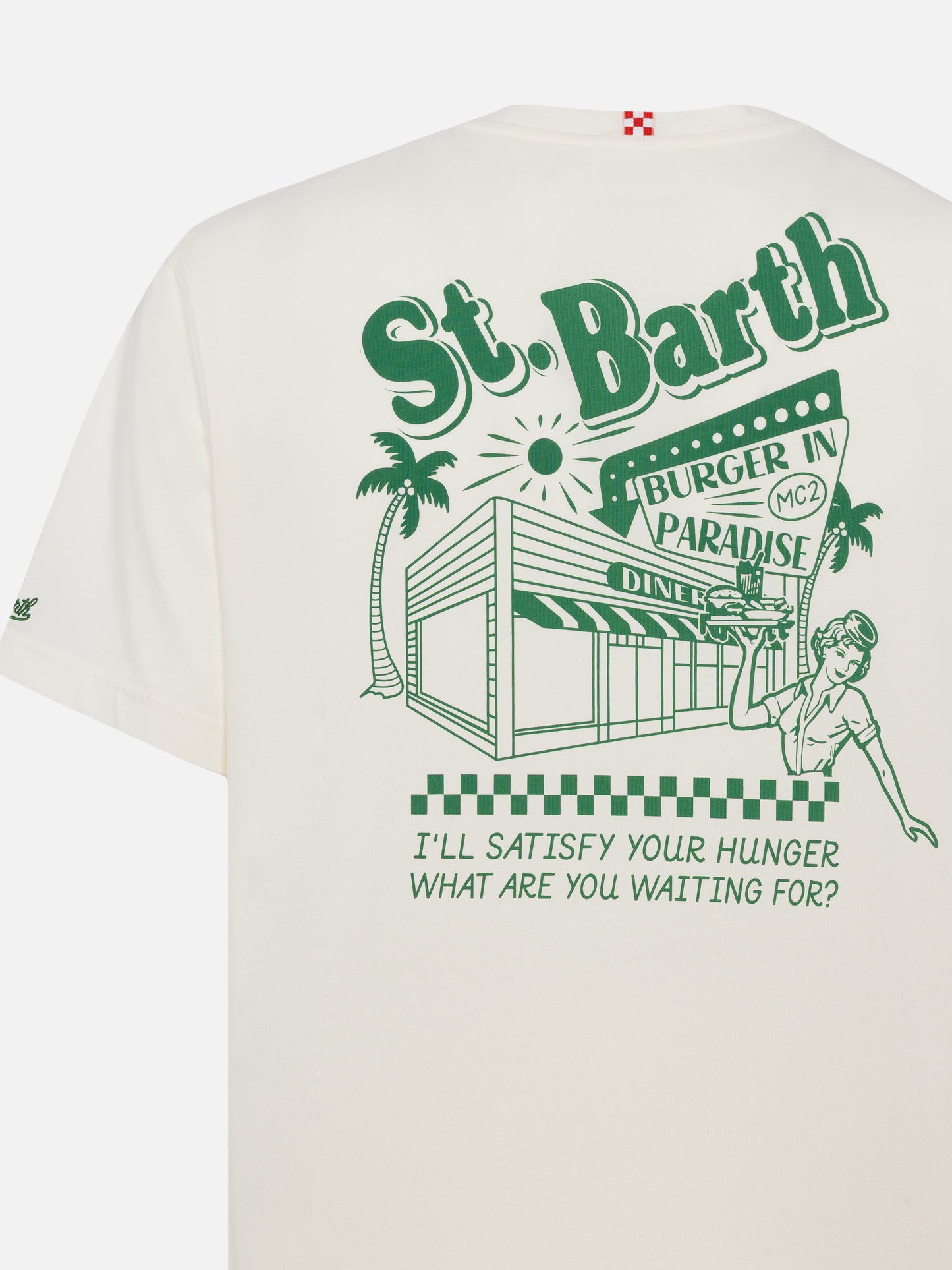 Cremefarbenes Baumwoll-T-Shirt mit St. Barth Burger Paradise-Print