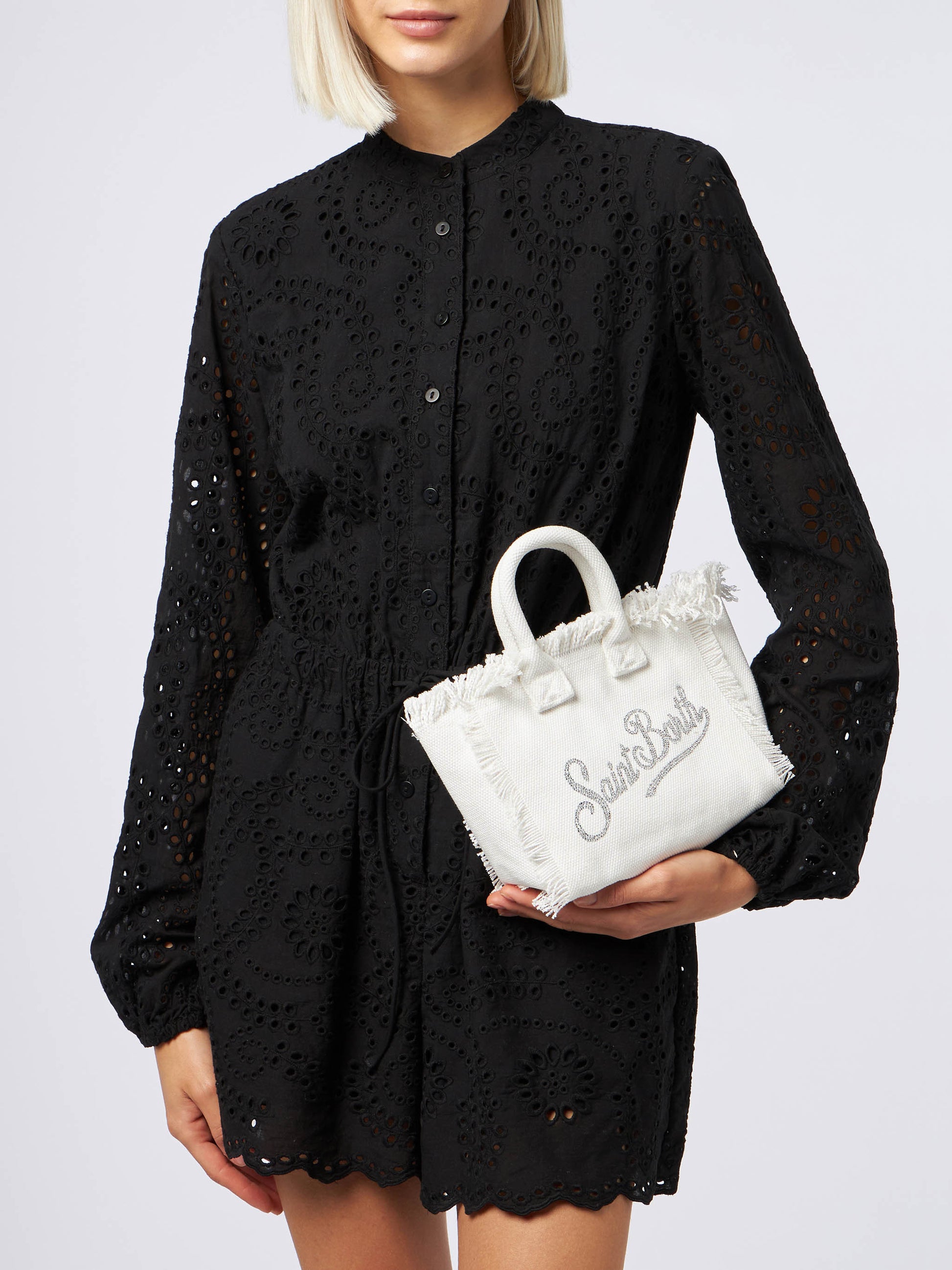 White cotton canvas Mini Vanity bag with rhinestone logo - MC2 Saint Barth