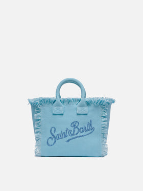 Hellblaue Mini-Vanity-Tasche aus Baumwollcanvas mit Strass-Logo