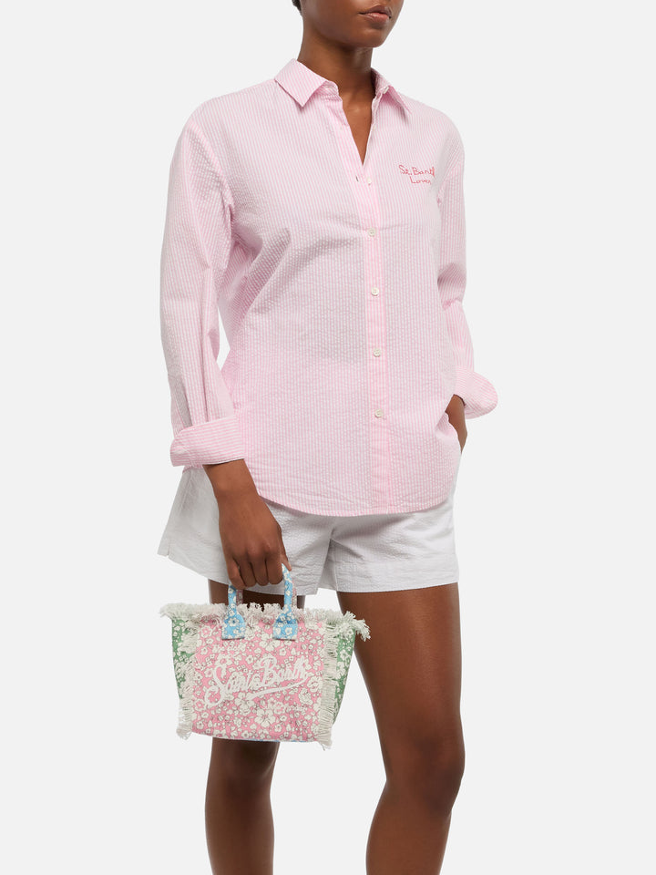 Mini-Kosmetiktasche aus Baumwollcanvas mit Blumenpatch-Print