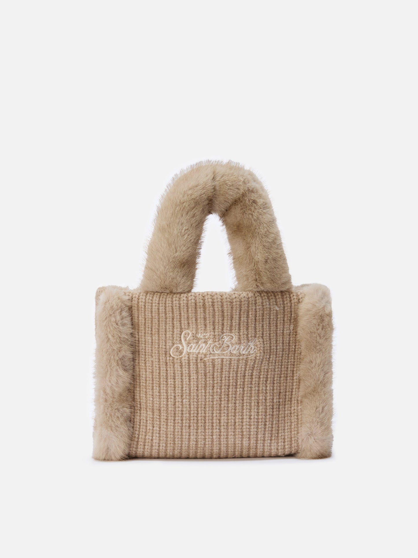 Vanity Mini Shearling Rib Handbag in beige ribbed wool blend with shearling