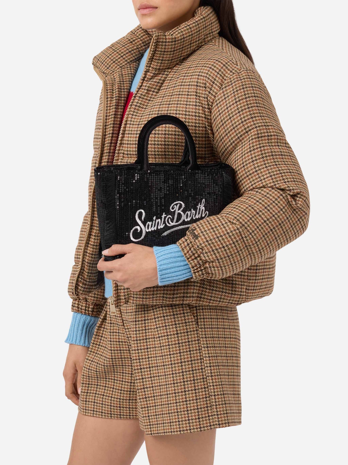 Borsa a mano Vanity Mini Velvet in velluto e paillettes nero