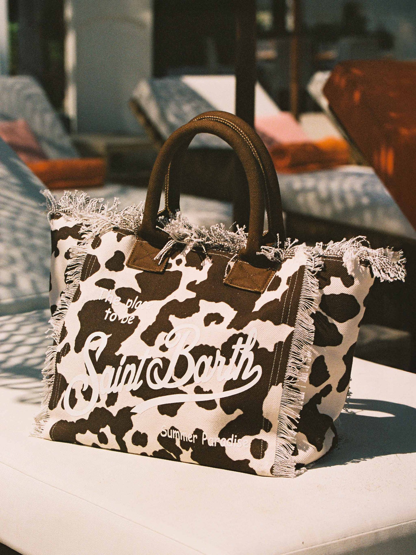 Cotton canvas Vanity tote bag with cow skin print