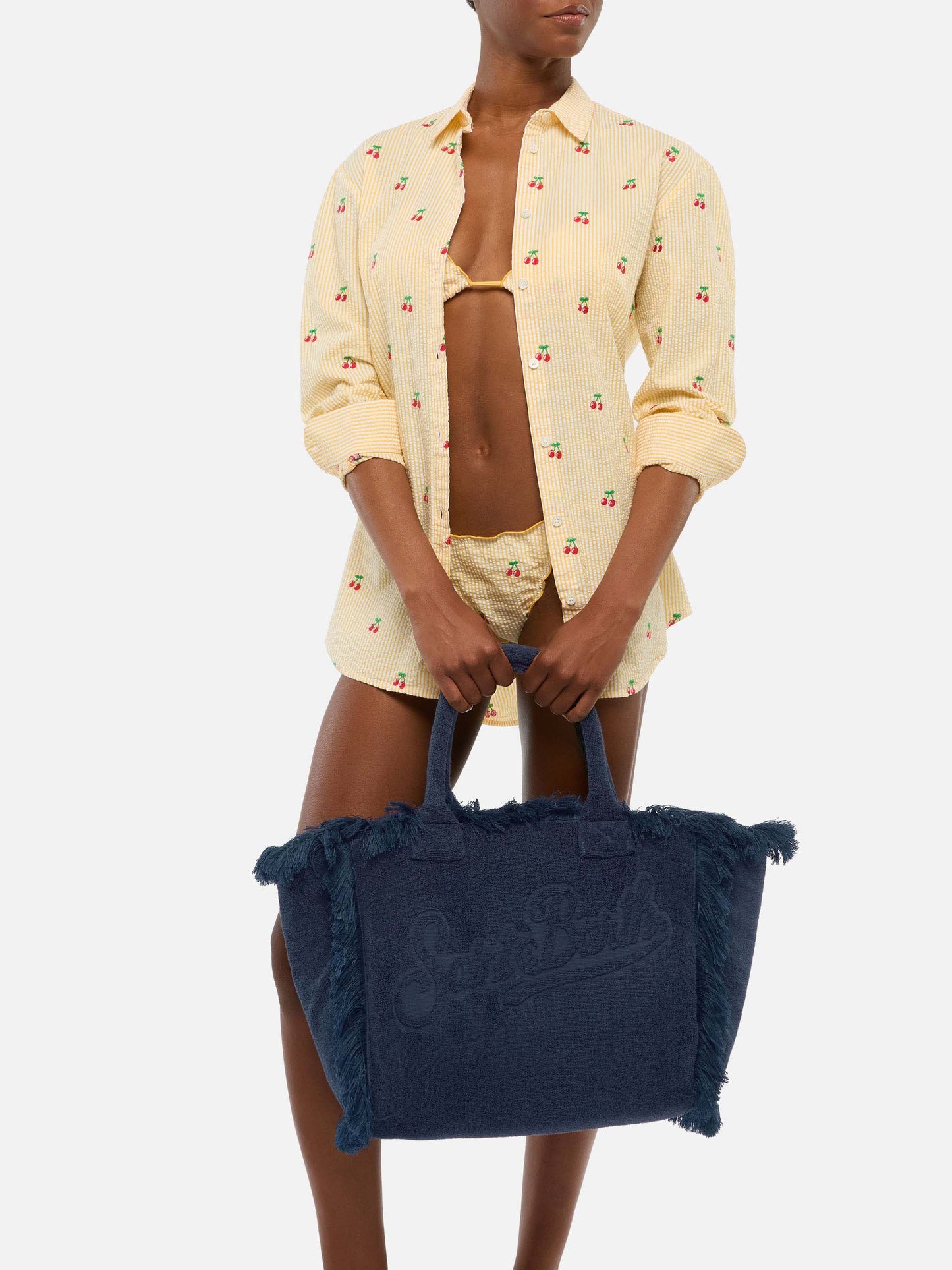 Vanity Terry navy blue tote bag with embossed logo
