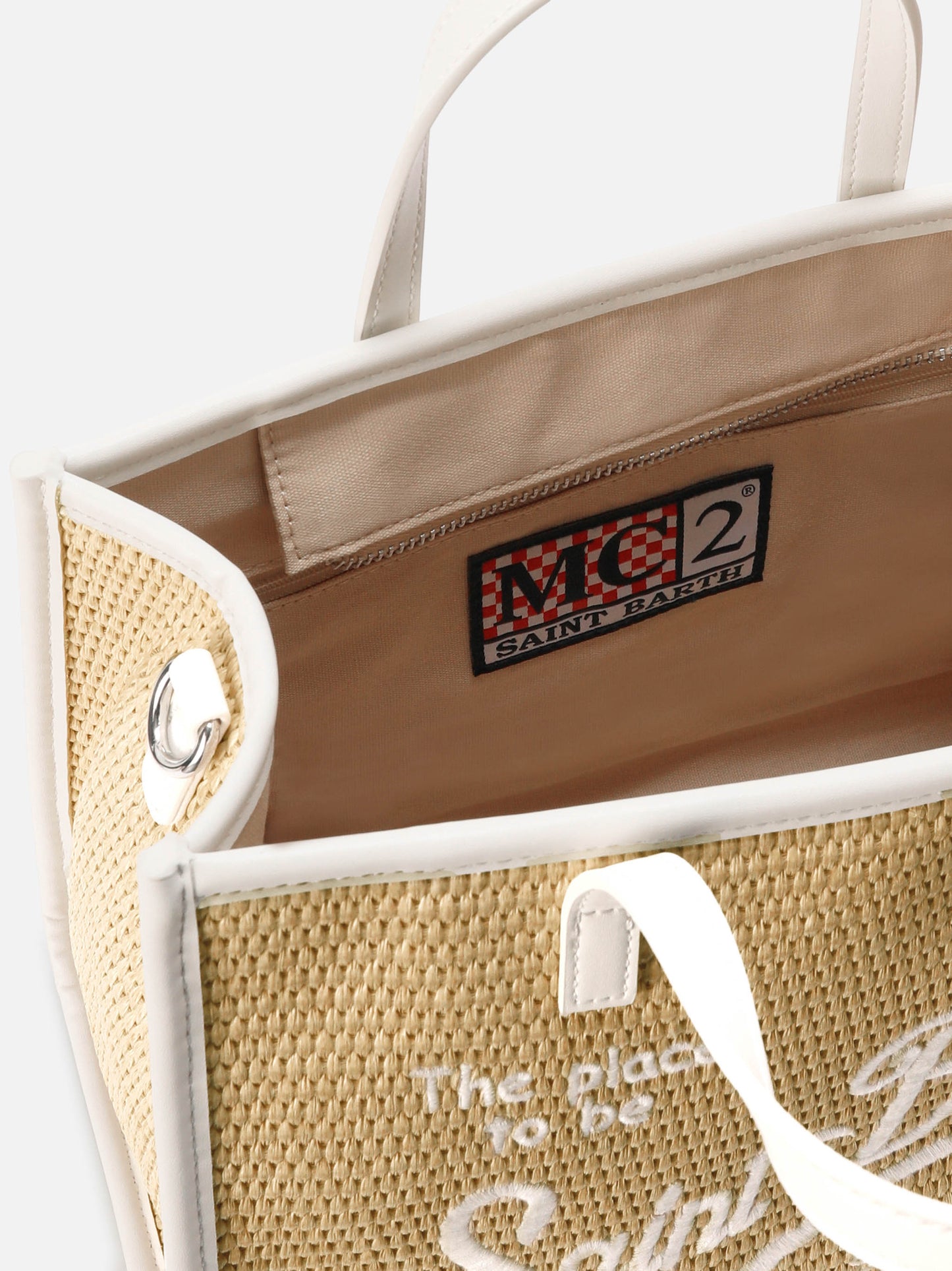 Bolso mediano efecto paja Vivian con logo bordado blanco