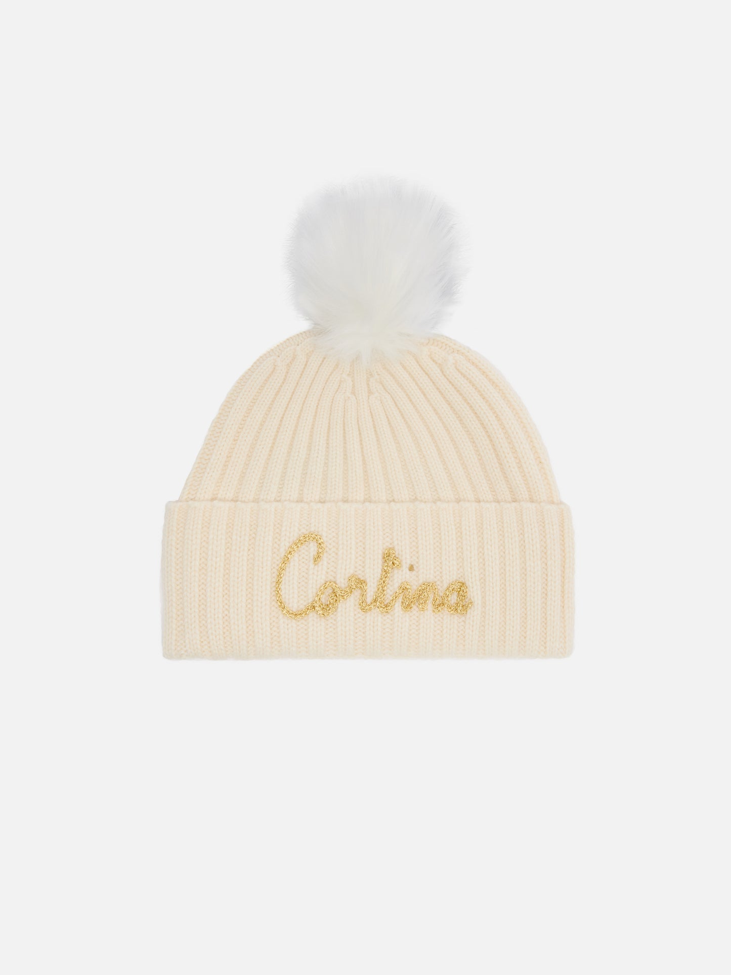 Wengen beanie in cashmere blend in white with lurex Cortina embroidery and pom-pom