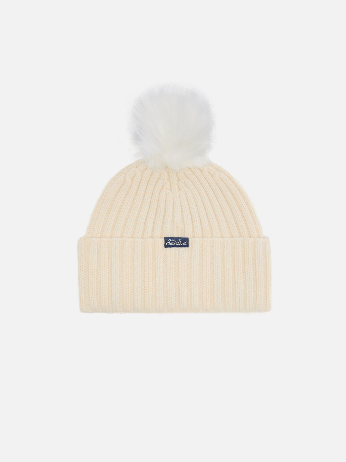 Wengen beanie in cashmere blend in white with lurex Cortina embroidery and pom-pom