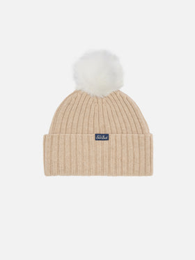 Wengen beanie in cashmere blend in beige with lurex Après Chic embroidery and pom-pom