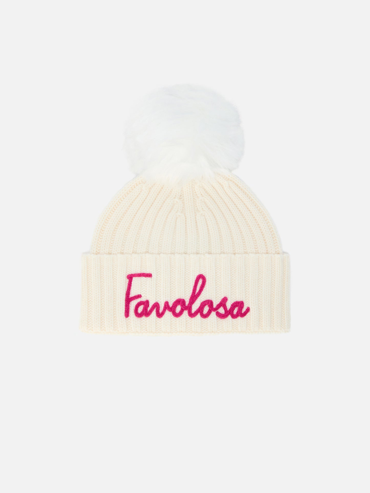 Wengen Jr F beanie in cashmere blend in white with Favolosa embroidery