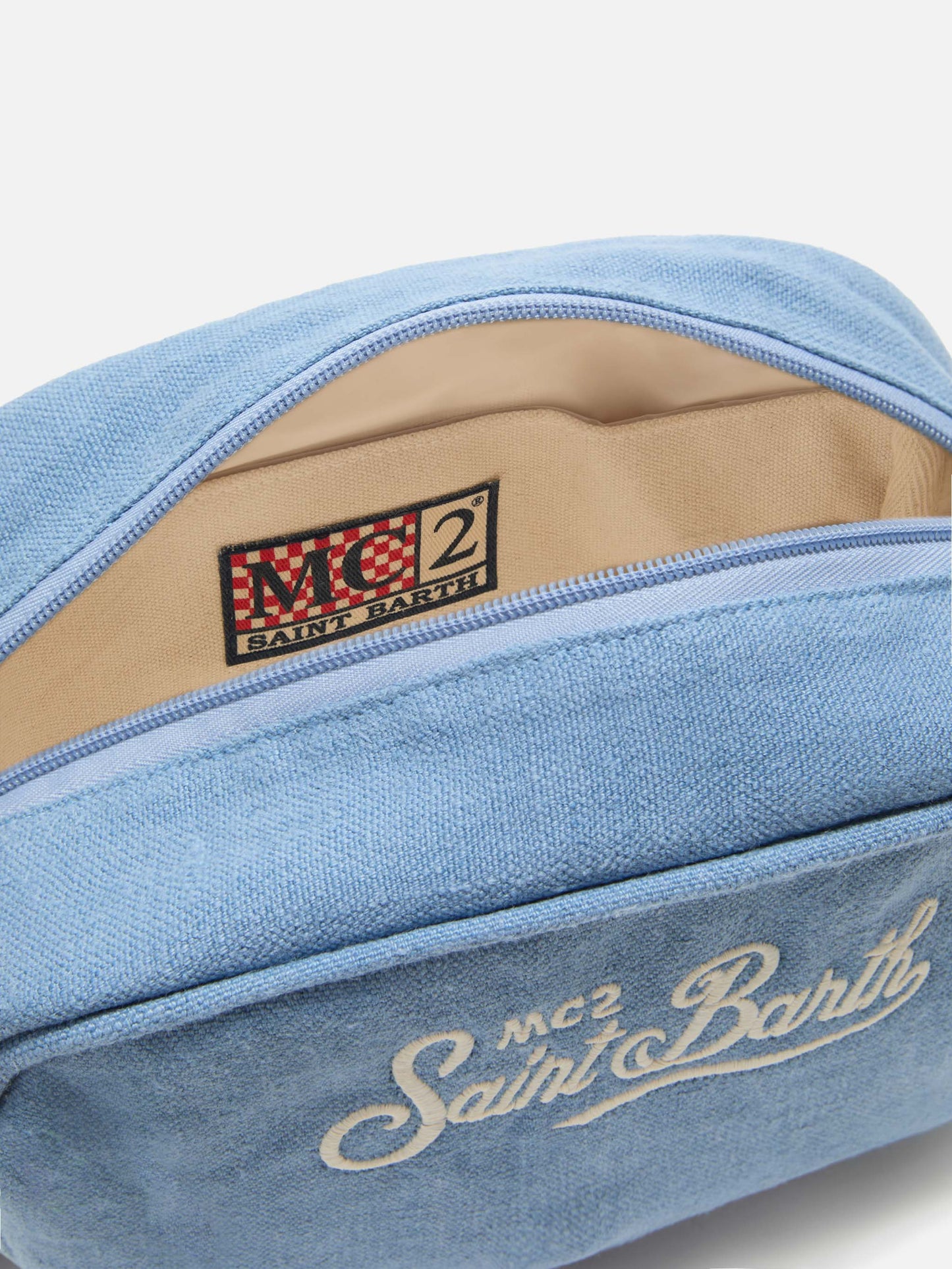 Beauty Bag Westwood in lino blu con logo ricamato