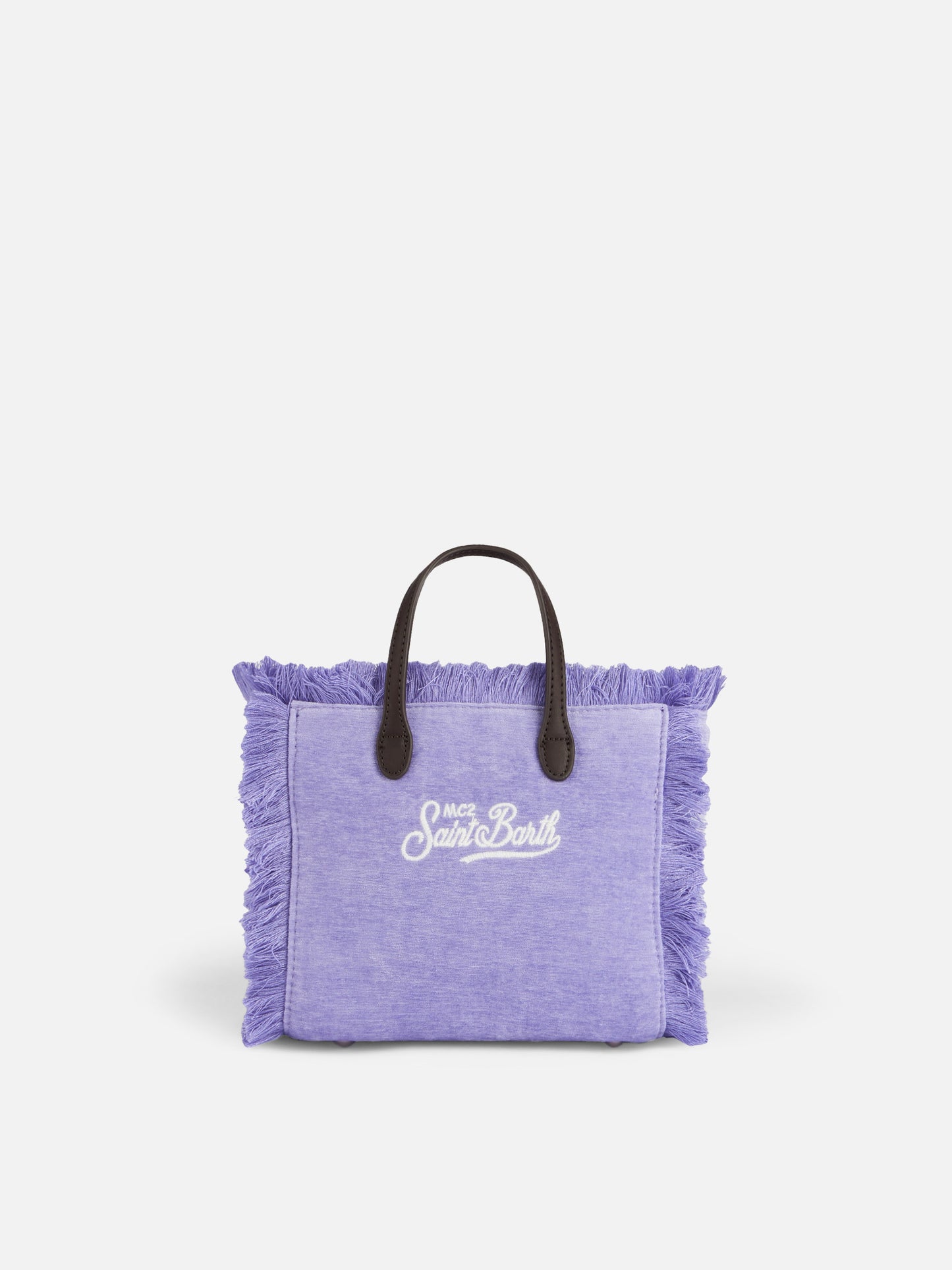 Lilafarbene Mini-Vanity-Tasche aus Samt mit Fransen