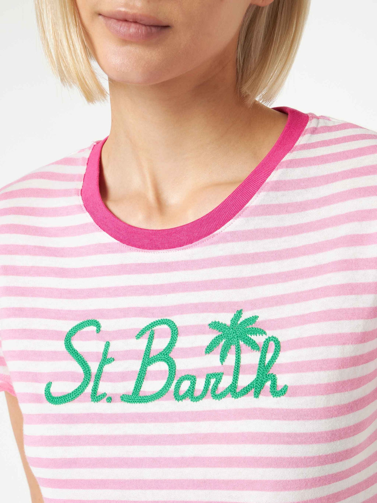 Fucsia striped cotton t-shirt with St. Barth embroidery - MC2 Saint Barth