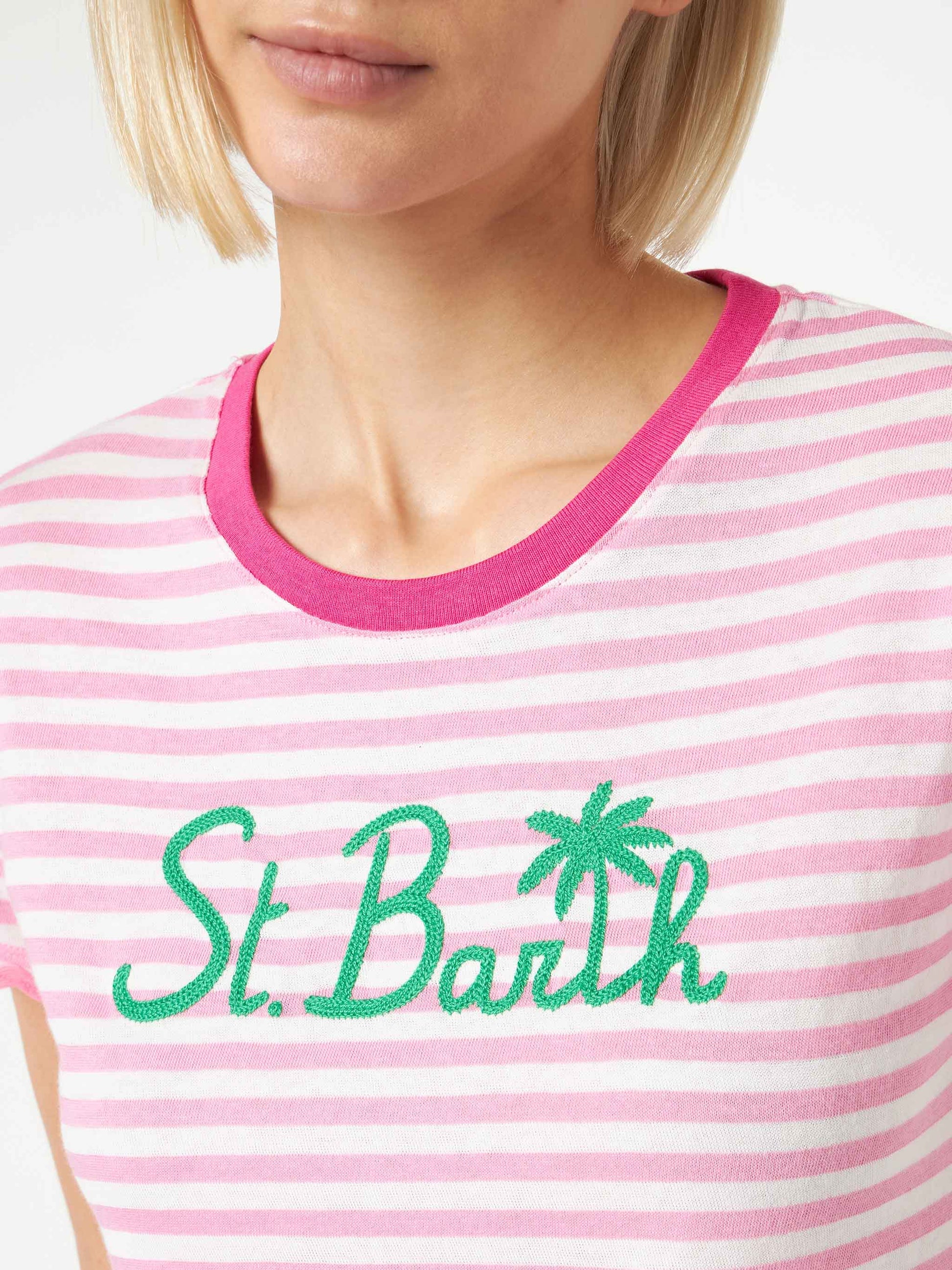 Fucsia striped cotton t-shirt with St. Barth embroidery - MC2 Saint Barth