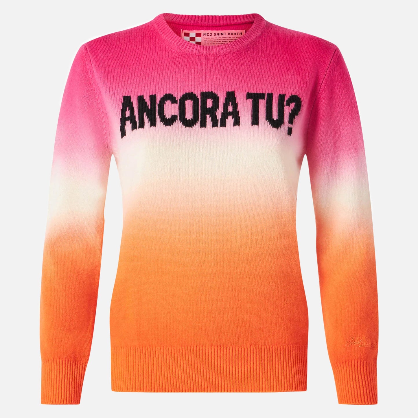Maglione da donna fucsia e arancio degradé con scritta Ancora tu?