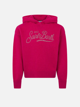 Girl fuchsia cropped hooded sweater with rhinestones - MC2 Saint Barth