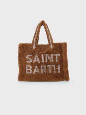 Brown teddy Soft Bag with Saint Barth checkered logo
