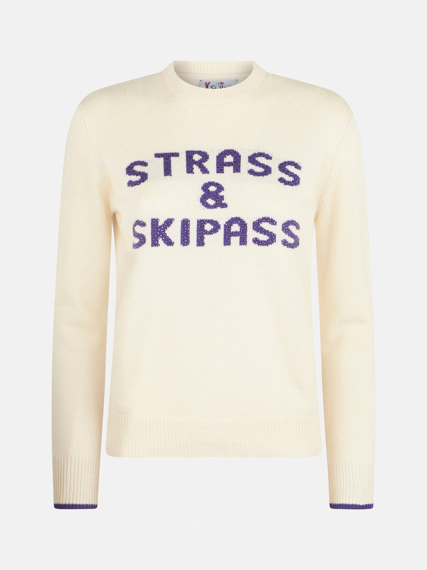 Weißer Damenpullover mit Rundhalsausschnitt und Strass & Skipass-Strassaufdruck