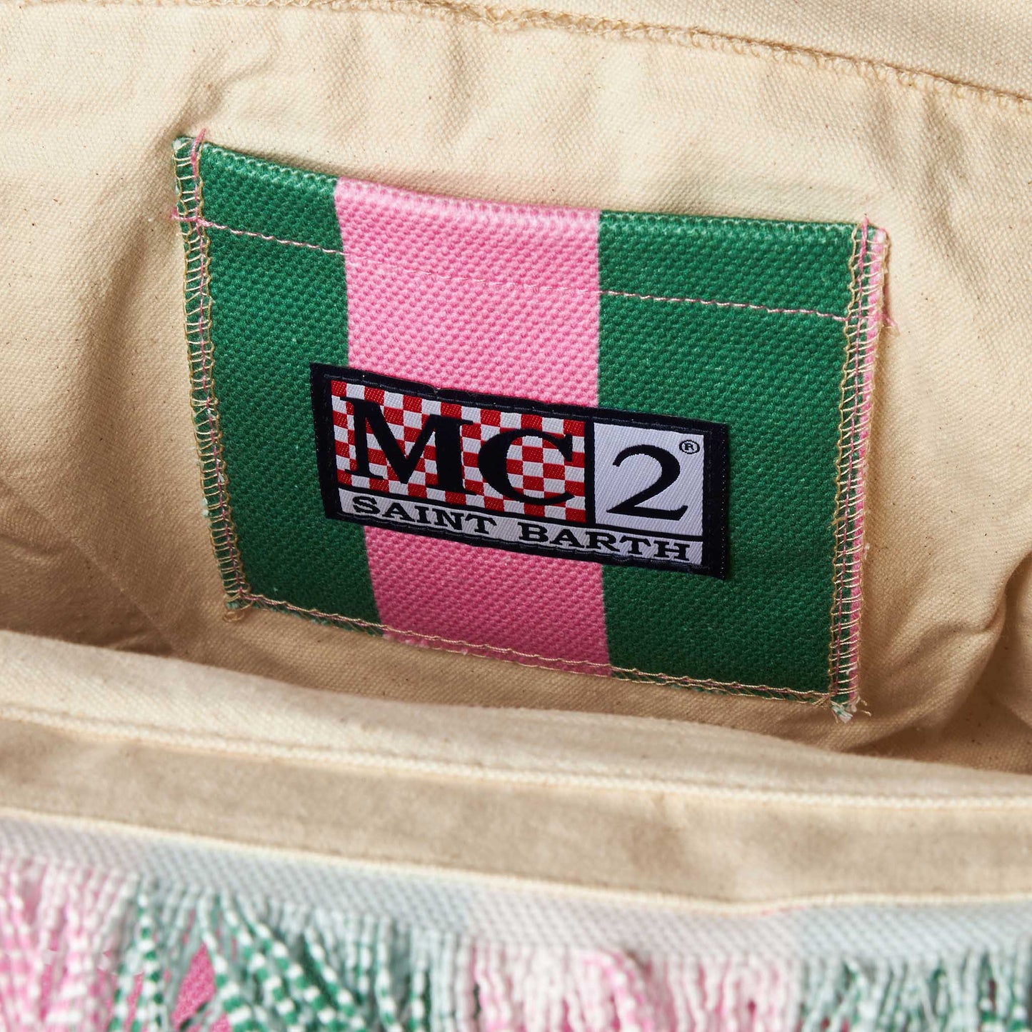 Borsa a spalla Vanity in canvas con righe rosa e verdi