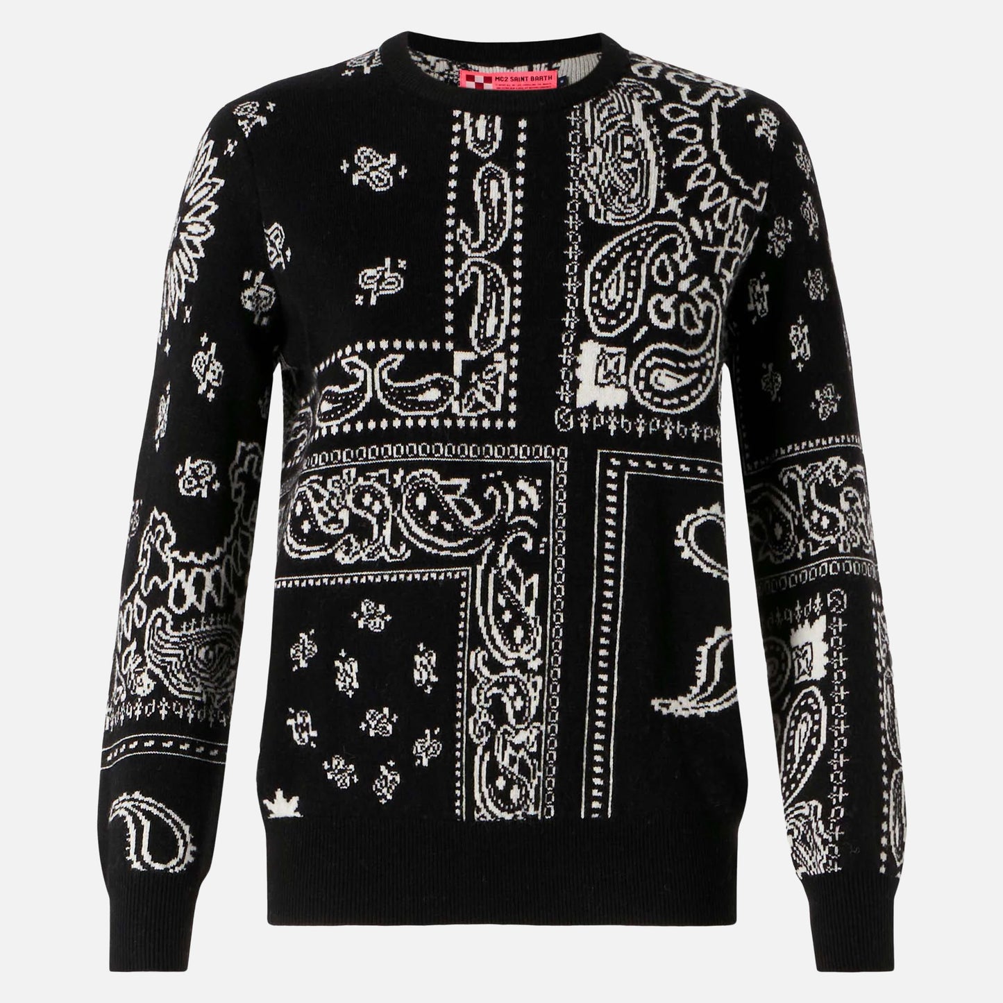 Maglione da donna in misto cashmere nero fantasia bandana