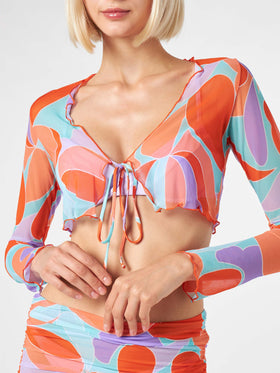 Woman tulle crop cardigan with wave print - MC2 Saint Barth