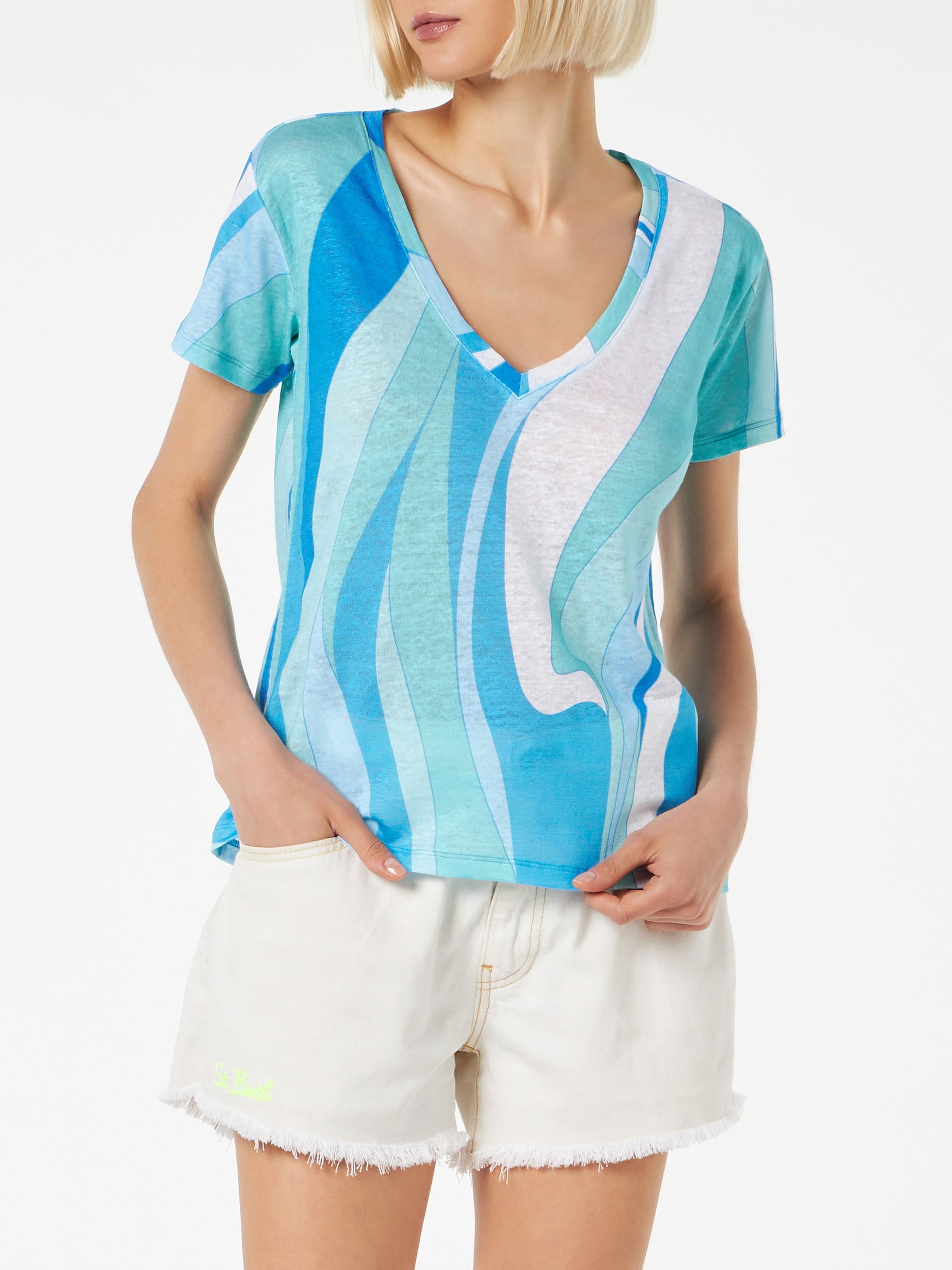 Woman linen t-shirt with wave print - MC2 Saint Barth