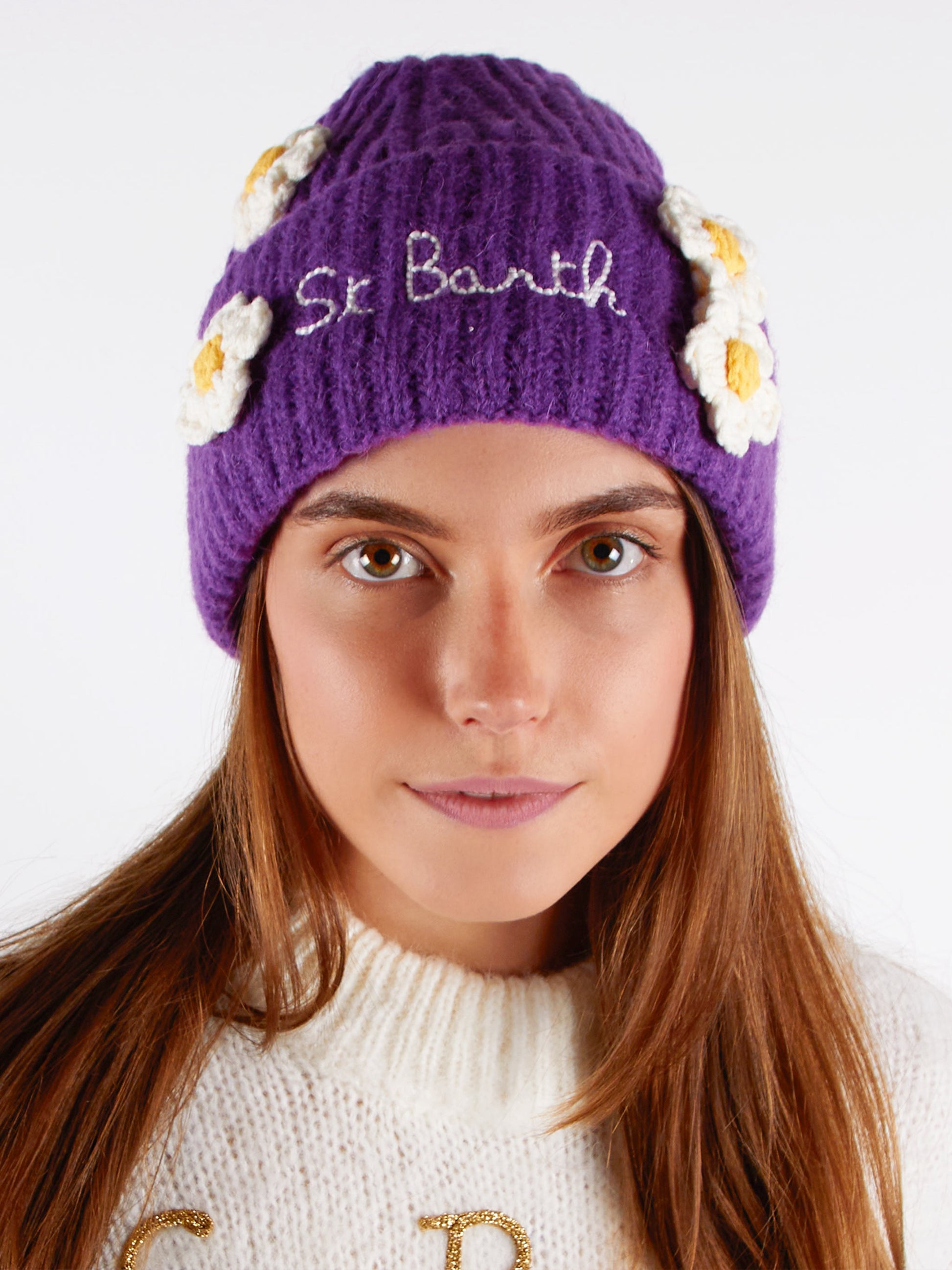Woman brushed and ultra soft beanie with daisies appliqués - MC2 Saint Barth