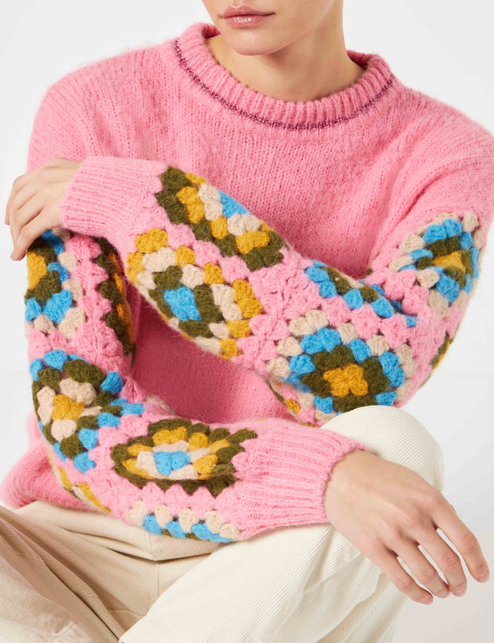 Woman ultra soft crewneck sweater with handmade crochet sleeves - MC2 Saint Barth