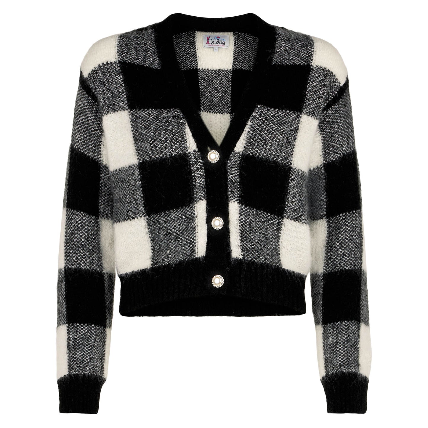 Kurzer Damen-Cardigan mit Schmuckknöpfen und Vichy-Print
