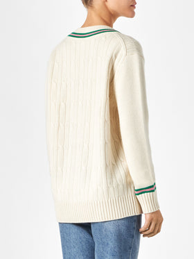 Woman v-neck braided sweater with patch - MC2 Saint Barth