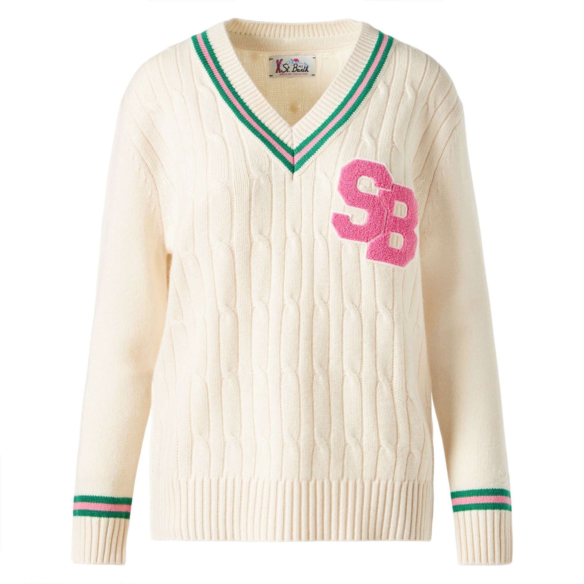 Woman v-neck braided sweater with patch - MC2 Saint Barth