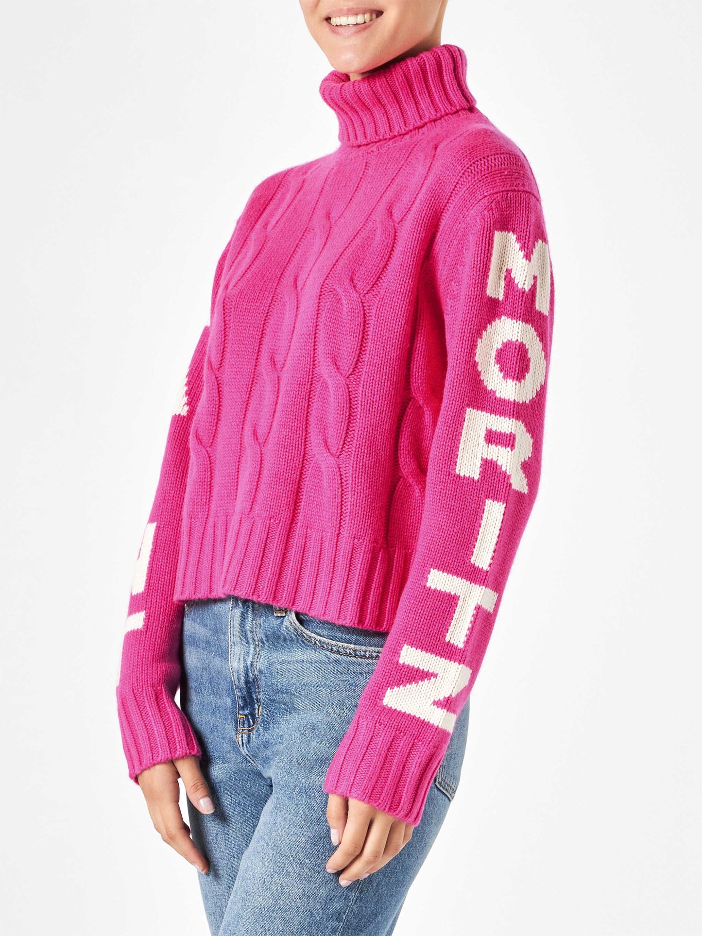 Rollkragenpullover mit Zopfmuster für Damen in Fluo-Rosa