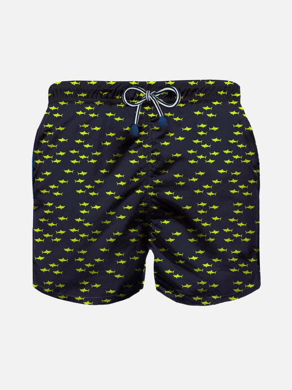 Boy light fabric swim shorts with sharks print