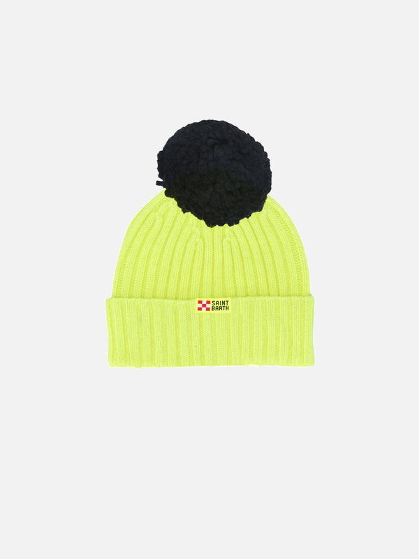 Kid's fluo yellow hat with off piste embroidery