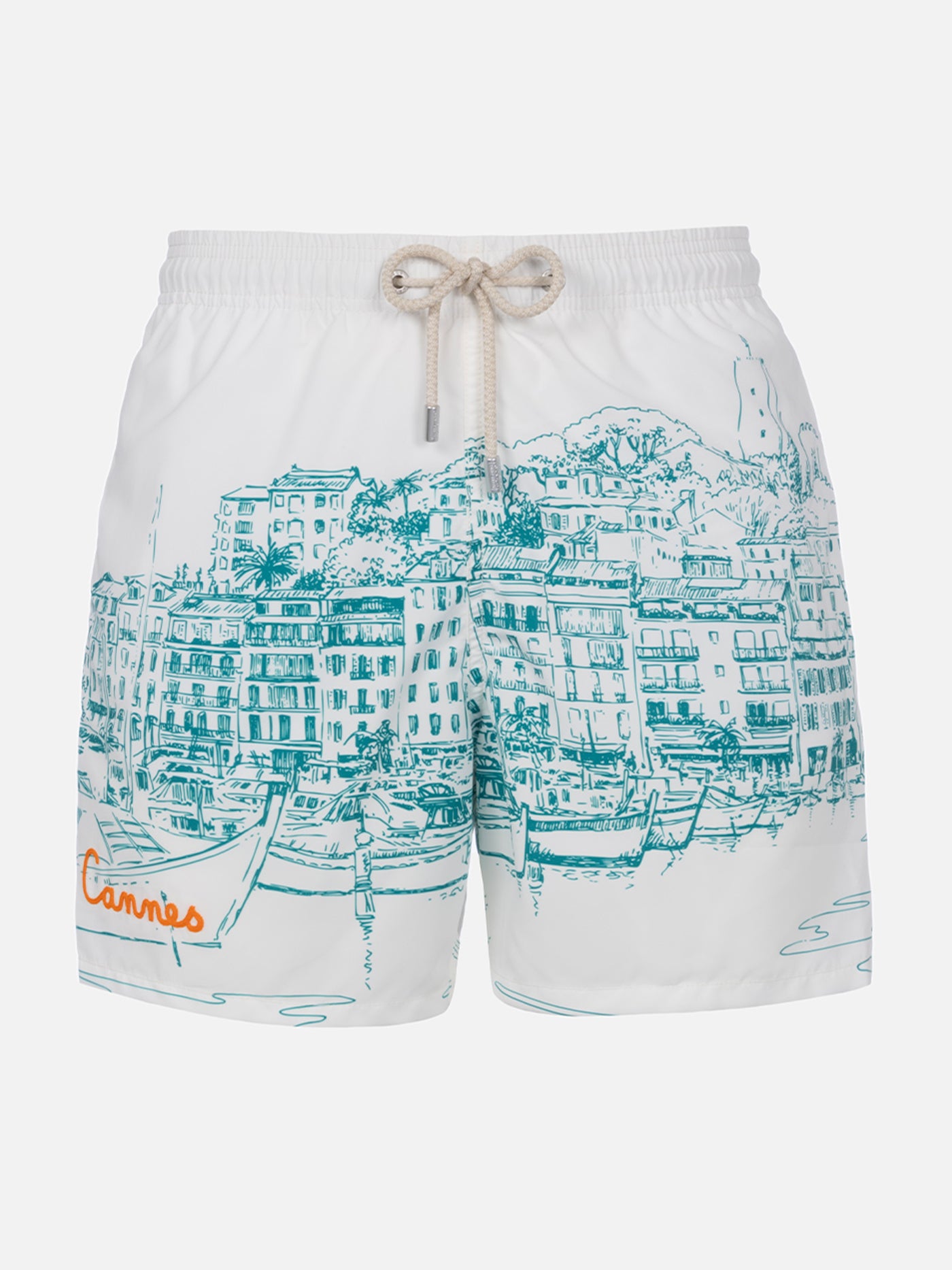 Mid-length Gustavia swim-shorts with Cannes placed print