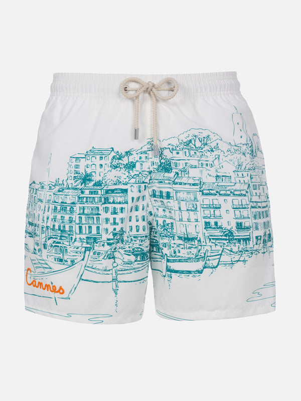 Mittellange Gustavia-Badeshorts für Herren mit platziertem Cannes-Aufdruck