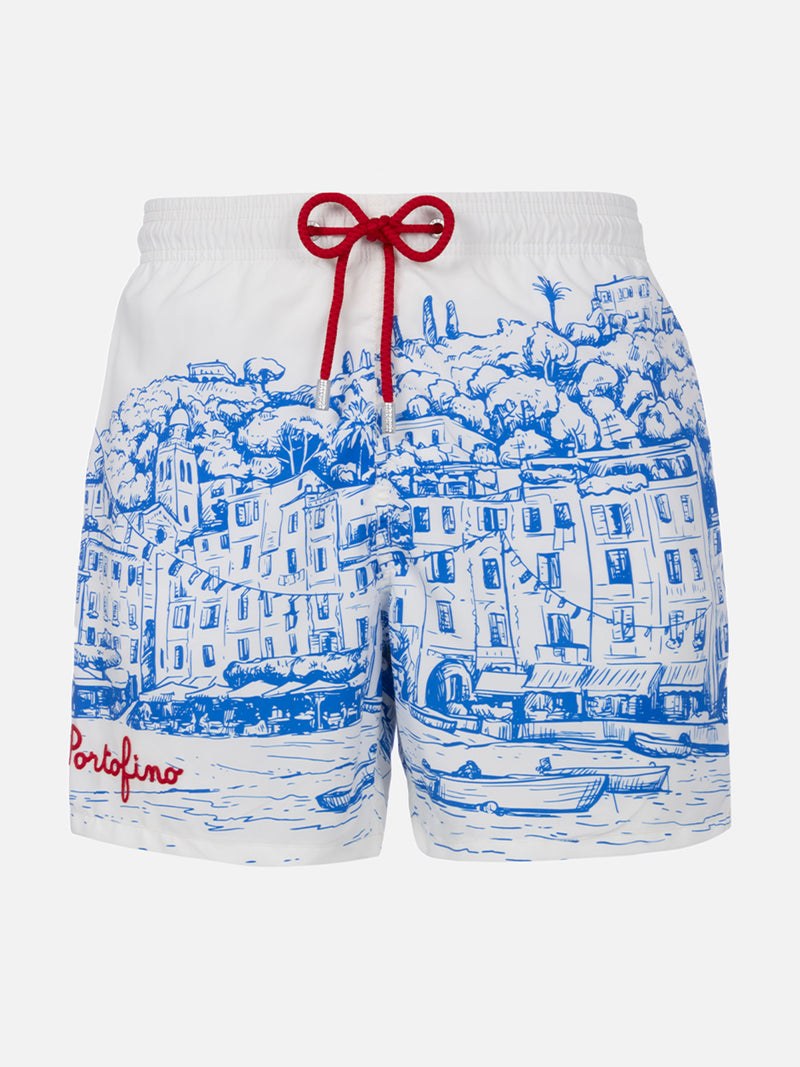 Man mid-length Gustavia swim-shorts with Portofino placed print