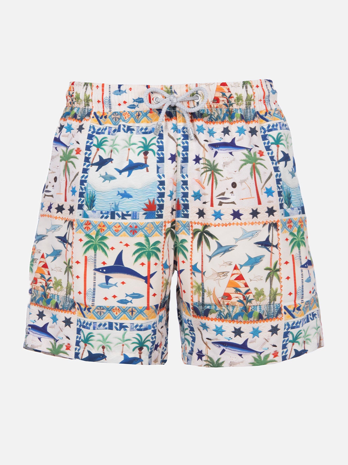 Mid-length Gustavia swim-shorts with shark print | AI CO-CREATED DESIGN BY RICKDICK - POWERED BY RED-EYE - MC2 Saint Barth