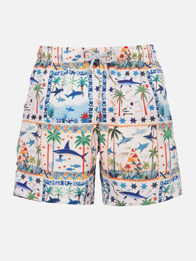 Mid-length Gustavia swim-shorts with shark print | AI CO-CREATED DESIGN BY RICKDICK - POWERED BY RED-EYE - MC2 Saint Barth