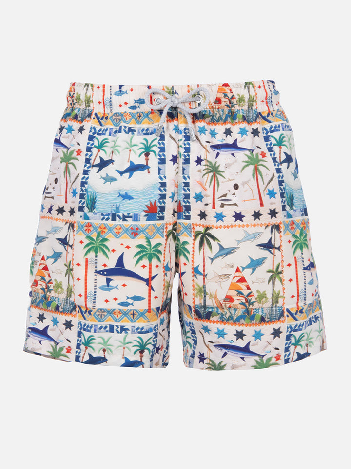Mid-length Gustavia swim-shorts with shark print | AI CO-CREATED DESIGN BY RICKDICK - POWERED BY RED-EYE - MC2 Saint Barth