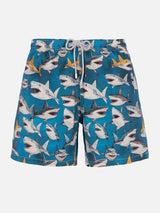 Mittellange Gustavia-Badeshorts für Herren mit Hai-Print | AI CO-CREATED DESIGN BY RICKDICK - POWERED BY RED-EYE