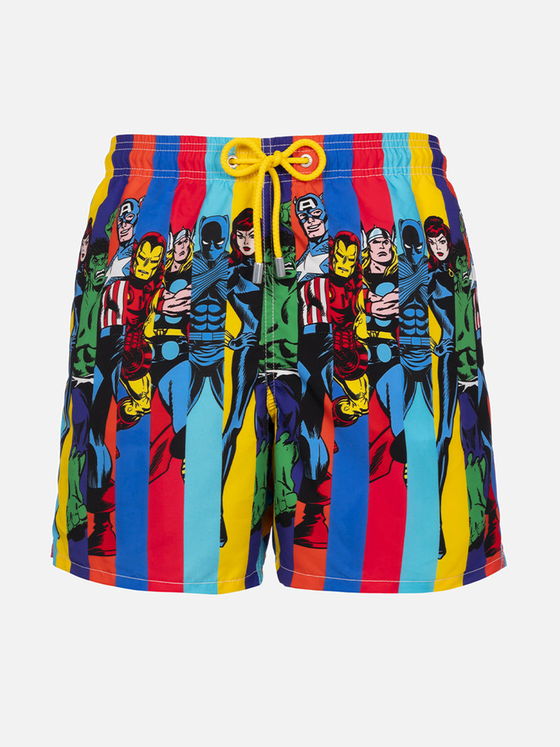 Man mid-length Gustavia swim-shorts with Marvel characters placed print| MARVEL SPECIAL EDITION